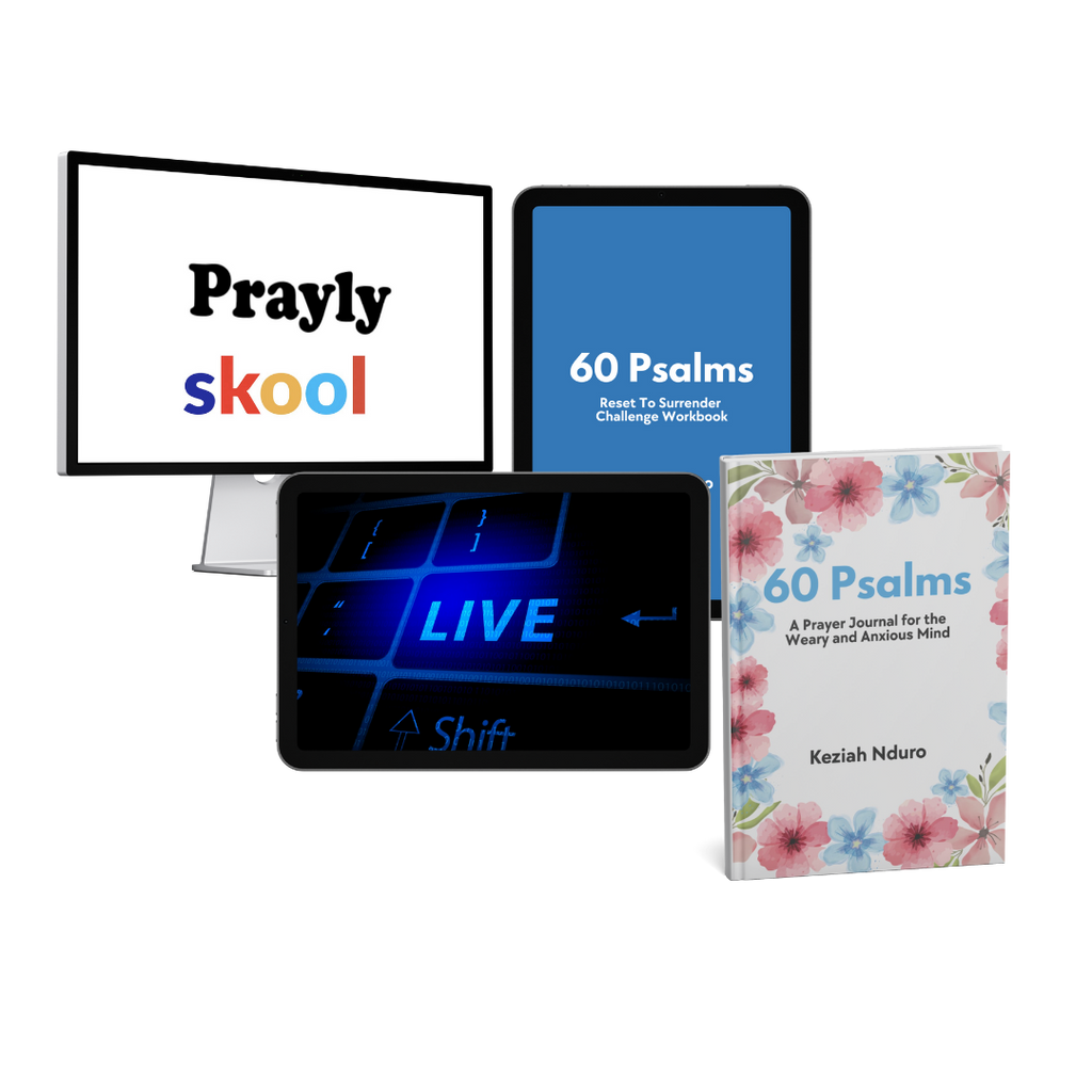 Collection of digital and printed materials including 'Prayly skool', '60 Psalms' books, and a digital interface with 'LIVE' text. For the 5 day anxiety reset challenge