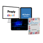 Collection of digital and printed materials including 'Prayly skool', '60 Psalms' books, and a digital interface with 'LIVE' text. For the 5 day anxiety reset challenge